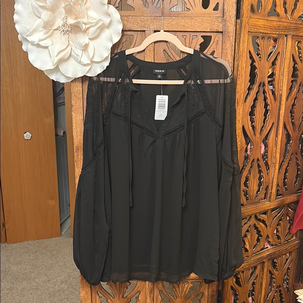 Torrid Black Cold-Shoulder Crochet-Trim Blouse